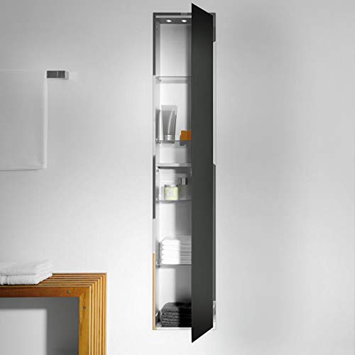 Emco Asis 300 Unterputz-Schrankmodul mit LED Beleuchtung, Badezimmerschrank für unsichtbaren Stauraum, Hochschrank mit Glastür und 4 Glasfachböden, schwarz von Emco