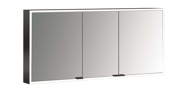 Emco prime Facelift Lichtspiegelschrank, 1400 mm, 3 Türen, mit verspiegelten Seitenwänden, Aufputzmodell, 9497, Farbe: schwarz/spiegel von Emco