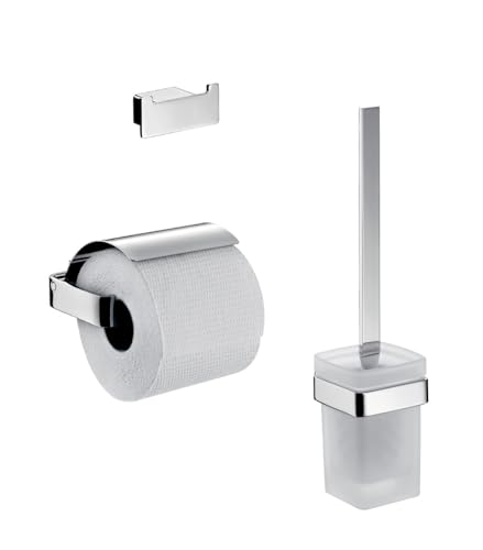 EMCO LOFT Badacccessoire-Set, Toilettenpapierhalter mit Deckel, WC-Bürstenganitur & Doppelhaken, elegantes Badezimmerset zur Wandmontage aus Metall, chromfarben von Emco