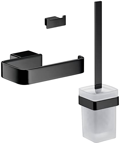 emco LOFT Badacccessoire-Set, Toilettenpapierhalter, WC-Bürstenganitur & Doppelhaken, Elegantes Badezimmerset zur Wandmontage aus Aluminium, schwarz matt von Emco