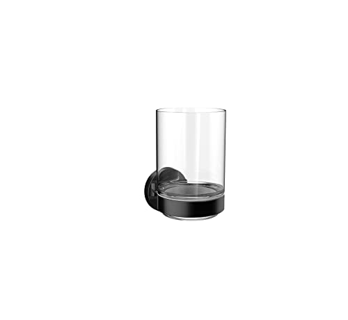 emco Round Zahnbürstenhalter ohne Bohren zur Wandmontage I Zahnputzbecher zum Kleben oder Schrauben aus Glas in scharz, matt und klar, Schwarz von Emco