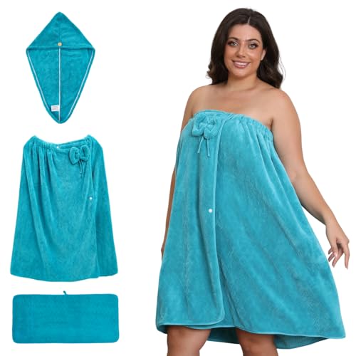 Emdelifo Badetuch-Wickeltuch in Übergröße für Damen (XXL-XXXXL), übergroßes Dusch-Wickelkleid, Spa-Bademantel, bequemer, Verstellbarer Körperwickel + Haartrockentuch + Handtuch (Blue, 160cmX80cm) von Emdelifo