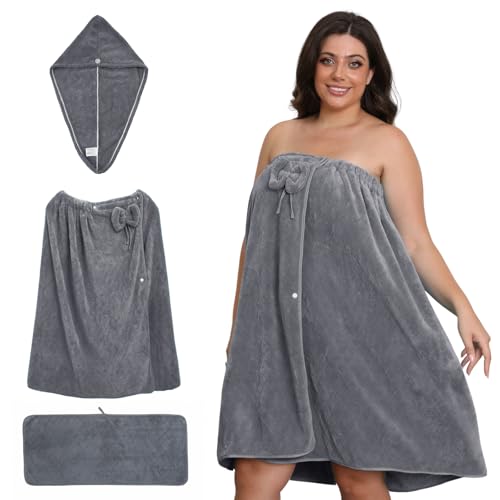 Emdelifo Badetuch-Wickeltuch in Übergröße für Damen (XXL-XXXXL), übergroßes Dusch-Wickelkleid, Spa-Bademantel, bequemer, Verstellbarer Körperwickel + Haartrockentuch + Handtuch (Grey, 210cmX80cm) von Emdelifo