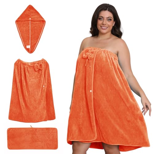 Emdelifo Badetuch-Wickeltuch in Übergröße für Damen (XXL-XXXXL), übergroßes Dusch-Wickelkleid, Spa-Bademantel, bequemer, Verstellbarer Körperwickel + Haartrockentuch + Handtuch (ORANGE, 210cmX80cm) von Emdelifo