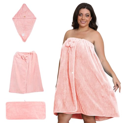 Emdelifo Badetuch-Wickeltuch in Übergröße für Damen (XXL-XXXXL), übergroßes Dusch-Wickelkleid, Spa-Bademantel, bequemer, Verstellbarer Körperwickel + Haartrockentuch + Handtuch (PINK, 210cmX80cm) von Emdelifo