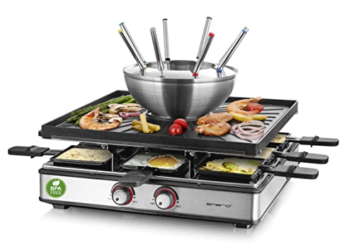 EMERIO 3in1 Raclette Station für bis zu 8 Personen, Grill Fondue, elektrisch, Temperaturregulierung, Bratfläche 38x37cm, Beleuchtung, 2200 Watt, platzsparend, Edelstahl, BPA frei, RG-128187, Schwarz von Emerio