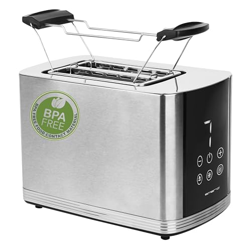 EMERIO Edelstahl Toaster mit großem Display | 2 Toastschlitze | Zentrierautomatik | Krümelschublade | Abbruch/Auftauen/Erwärmen | 7 Bräunungsstufen | Brötchenaufsatz | BPA-frei | 800W | TO-128308 von Emerio
