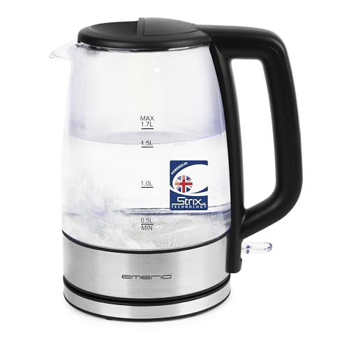 EMERIO Glas Wasserkocher mit 1.7 Liter Volumen | 2200 Watt | blaue LED Innenbeleuchtung | 360° Basis | bestes Borosilikatglas | Auto Off | Trockengeh- & Überhitzungsschutz | WK-130126 von Emerio