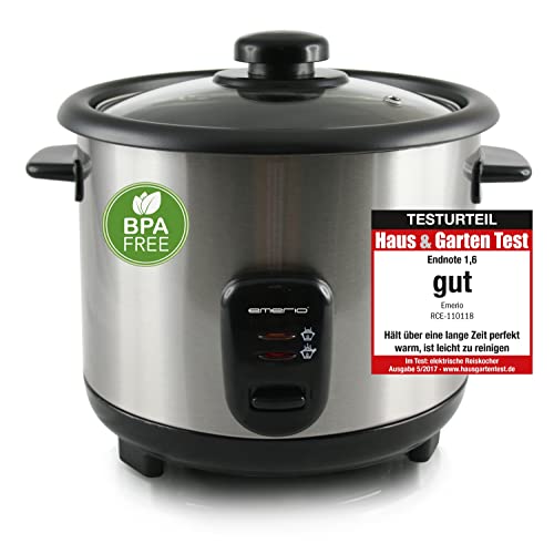 EMERIO automatischer Eco Reiskocher | 1.5L Volumen | Warmhaltefunktion | Auto Off | Antihaftbeschichtung | Glasdeckel | inkl Reislöffel + Messbecher | Schongarer | 500 Watt | Edelstahl | RCE-110118.5 von Emerio