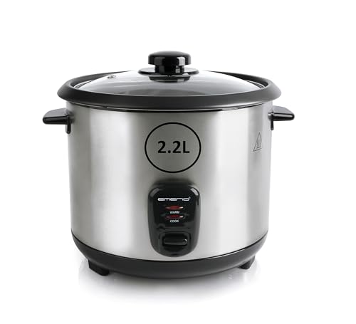 EMERIO automatischer Eco Reiskocher | groß | 2.2L Volumen | Warmhaltefunktion | Antihaftbeschichtung | Glasdeckel | inkl. Reislöffel + Messbecher | Schongarer | 900 Watt | Edelstahl | RCE-132390 von Emerio