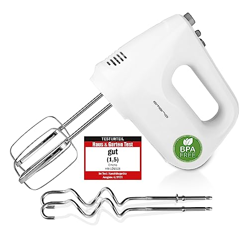 EMERIO elektrischer Handmixer Handrührer Mixer Handrührgerät mit 250 Watt 6 Geschwindigkeiten & Turbotaste extra lange Quirle + Knethaken aus Edelstahl (geschirrspülgeeignet) BPA-frei HM-124178, Weiß von Emerio