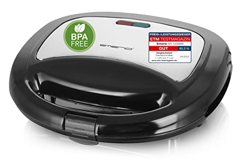 Emerio Doppel Sandwich Maker, BPA frei, klassische Form für dreieckiges Sandwich, leicht zu reinigen, Antihaftbeschichtung, heizt schnell auf, 750 Watt von Emerio