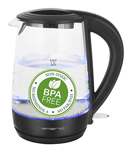 Emerio Glas Wasserkocher 1.7L Volumen BPA frei aus bestem Borosilikatglas 2200 Watt blaue LED Innenbeleuchtung Überhitzungsschutz mit hochwertigem Edelstahl Heizelement WK-123124, glas/schwarz von Emerio