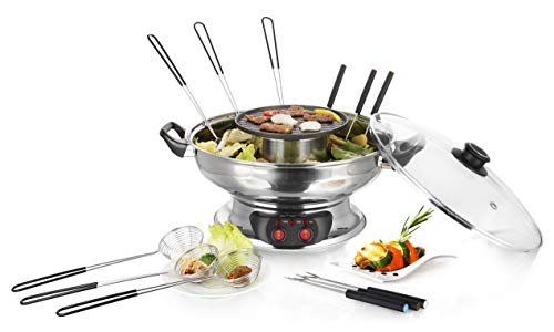 Emerio HPS-121313, Asia Brühe Fondue für Fisch-Fleich-Gemüse, inkl. Grillplatte und Glasdeckel, 4L Kapazität, 2 Heizstufen elektrischer Hot Pot Set, Edelstahl von Emerio
