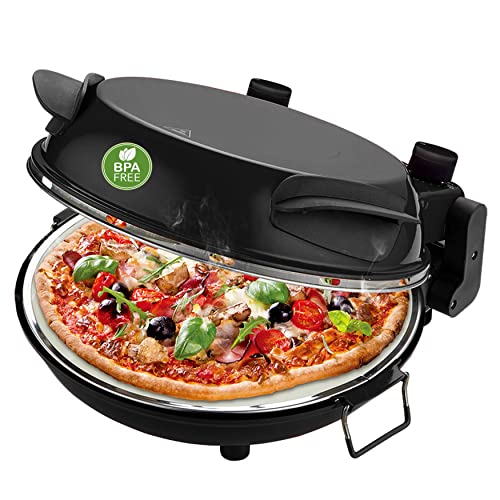 Emerio Pizzaofen, Platte aus feuerfestem Stein, backt Pizza in kurzer Zeit (auch für TK Pizza), 31.5 cm Durchmesser, 1200 Watt, Timer, BPA frei, Pizzaheber aus Edelstahl, PM-129032.2, Schwarz von Emerio