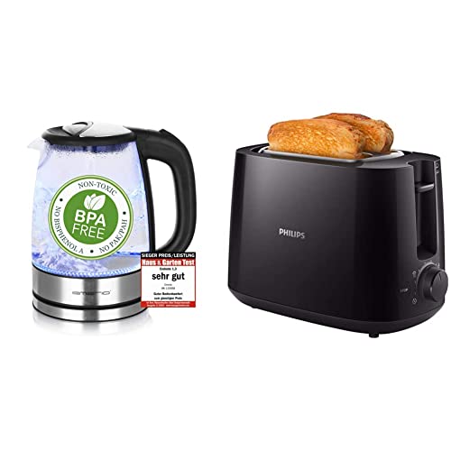 Emerio WK-119988 Glas Wasserkocher,1.7 Liter, 2200 Watt, 1.7 liters, Silber & Philips HD2581/90 Toaster, integrierter Brötchenaufsatz, 8 Bräunungsstufen, schwarz von Emerio