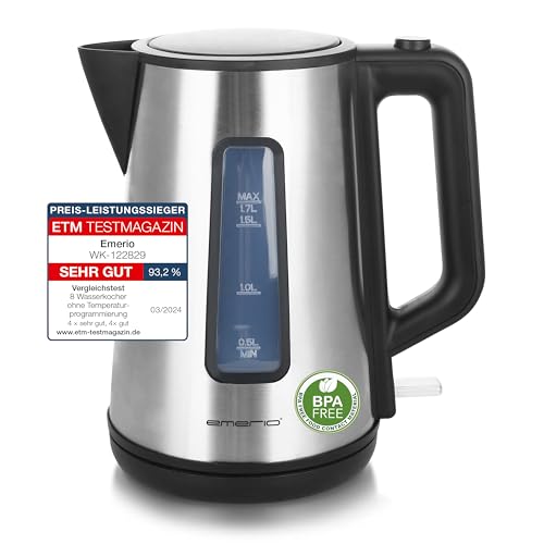 Emerio Wasserkocher doppelwandiges Cool-Wall Gehäuse 1.7L BPA 2200 Watt Auto Off Überhitzungsschutz mit hochwertigem Edelstahl abgedecktes Heizelement Deckelöffnung auf Knopfdruck Edelstahl von Emerio
