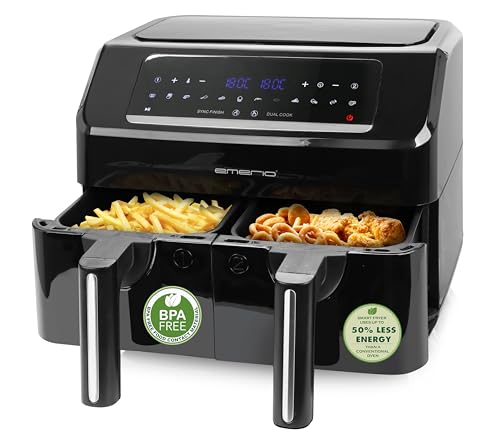 Emerio digitale DOPPEL Heißluftfritteuse AirFryer Frittieren mit heißer Luft ohne zusätzliches Öl 2x 3.6L Volumen 12 Programme BPA frei SYNC FINISH Funktion (beide gleichzeitig fertig) AF-130376.1 von Emerio