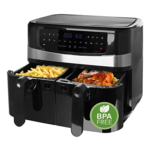 EMERIO digitale 10L DOPPEL Heißluftfritteuse AirFryer Frittieren mit heißer Luft ohne Öl möglich 2x5L Volumen 12 Programme BPA frei SMART FINISH Funktion (beide gleichzeitig fertig) AF-126672.4 von Emerio