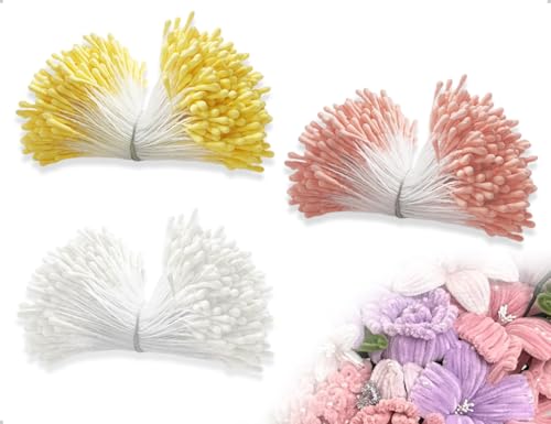 Emezddo 1140 Stück Pfeifenreiniger,Künstliche Doppelköpfe Blumen Staubblatt,Pfeifenreiniger zum Basteln mit Zwei Perlen Köpfen,verwendet für Handwerksprojekt(Gelb,Weiß,Rosa) von Emezddo
