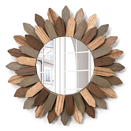 Emfogoo Wandspiegel 30cm Klein Rustikal Holz Sunburst Boho Spiegel Boho Wanddeko Boho Deko Wanddeko für Haus Wohnzimmer Schlafzimmer Flur (Dreifarbig) von Emfogoo