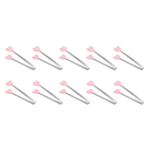 10 Stück Mini-Zange mit herzförmigen Silikonspitzen, perfekt zum Kochen, Grillen und Servieren, Edelstahl (Rosa) von Emiif