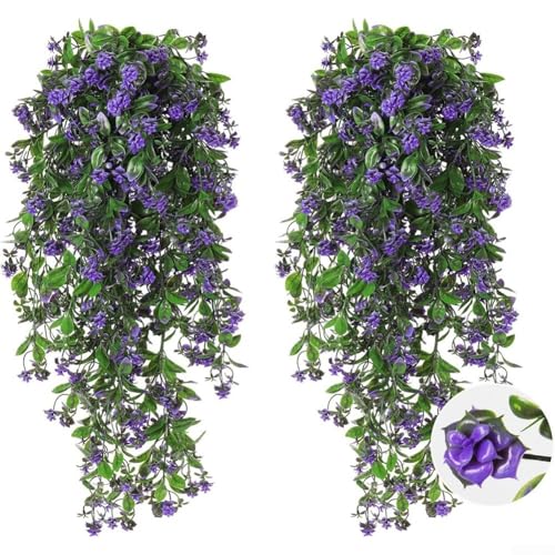 2 künstliche künstliche Blumen zum Aufhängen, rosengrün, mit Weide, für dekorative Drapierung über Decken, Wände und kreative Einrichtungen für drinnen und draußen (lila) von Emiif