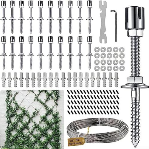 Emiif 20 Sets robustes Wanddraht-Rankgitter-Set mit 30 m x 0,3 cm Drahtseil, Draht-Rankgitter für Kletterpflanzen im Freien, T316 Edelstahl-Wandspalier-Set von Emiif