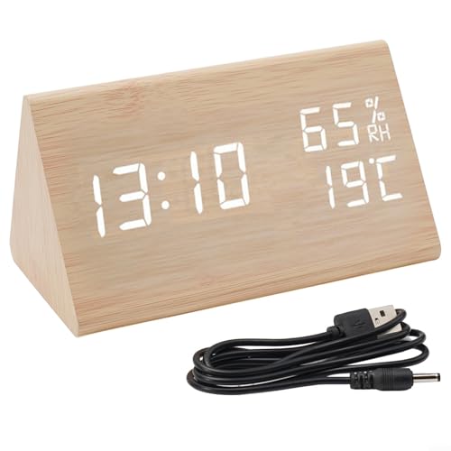 Emiif Digitaler Wecker aus Holz, LED-Display, Temperatur- und Feuchtigkeitssensor, USB- oder batteriebetrieben, 12/24-Stunden-Format, Beige, Desktop-Uhr für Schlafzimmer Emiif Digitaler Wecker aus Holz, LED-Display, Temperatur- und Feuchtigkeitssensor, USB- oder batteriebetrieben, 12/24-Stunden-Format, Beige, Desktop-Uhr für Schlafzimmer von Emiif