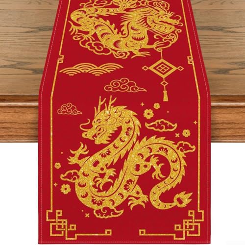 Tischläufer mit chinesischem Sternzeichen-Drachen-Design, 33 x 183 cm, robustes Polyester für Heimdekoration (Tischläufer A) von Emiif