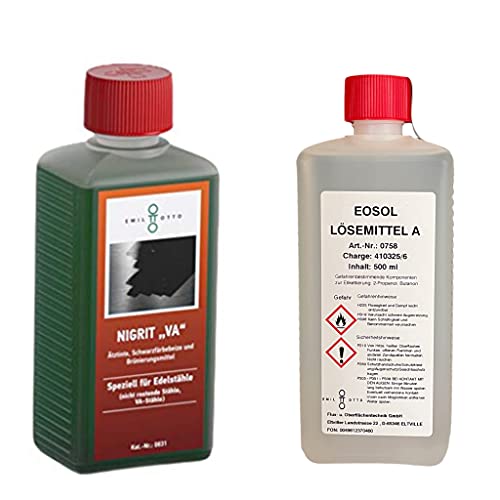 Brünier-Profi-Set: 250 g Schwarzfärbe-Schnellbeize NIGRIT"VA", Kaltbrünieren - Schwarzfärben u. Korrosionsschutz für Edelstähle + 500 ml Lösemittel "A", zum Säubern u. Entfetten von Werkstücken von Emil Otto