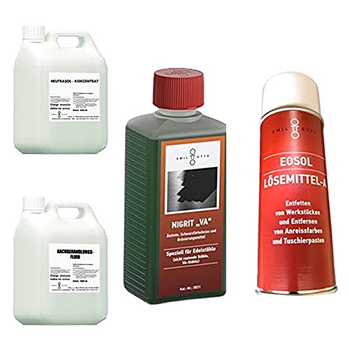 Brünier-Set B: 500 g Nigrit VA + 400 ml EOSOL Lösemittel A + 1.000 ml Neutrasol + 1.000 ml Nachbehandlungs-Fluid von Emil Otto