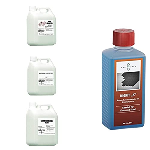 Brünier-Set D: 500 g Nigrit K + 1.000 ml EOSOL Lösemittel A+ 1.000 ml Neutrasol + 1.000 ml Nachbehandlungs-Fluid von Emil Otto