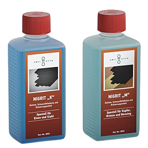 Brünier-Set: 250 g NIGRIT"K", Kaltbrünieren - Schwarzfärben von Eisen u. Stahl + 250 g Schwarzfärbe-Schnellbeize NIGRIT"M", zum Kaltbrünieren - Schwarzfärben und Schutz von Kupfer, Bronze und Messing von Emil Otto