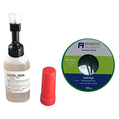 EO-FH Profi-Edelstahl Lötset Nr. 4, 100 ml Flusmmittel/Lötöl INOX zum Weichlöten von Edelstahl, mit extrem hoher Wärmestabilität, Pinselflasche mit Kindersicherung + 100 g Lötzinn Legierung Sn97Ag3 von Emil Otto