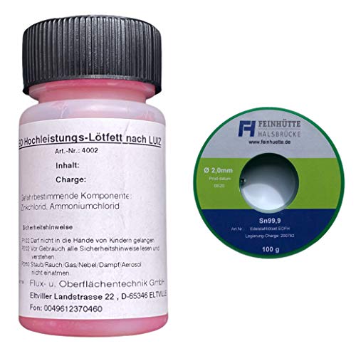 EO-FH Profi-Edelstahl Lötset Nr. 7 -EO Hochleistungs-Lötfett nach LUIZ, 50 g in Pinselflasche mit Kindersicherung, für alle gängigen Metalloberflächen incl. Edelstahl + 100 g Lötzinn Legierung Sn99,9 von Emil Otto