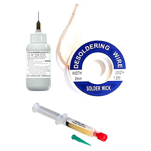EO SMD-Lötset Nr. A (EO-Flux-Dosierflasche FF-110, 50 ml No-clean Elektronik-Flussmittel mit 5,8% Feststoff + 1 x Entlötlitze 2,0 m + Lötpaste GAX-50, Spritze mit 5 ml Inhalt) von Emil Otto