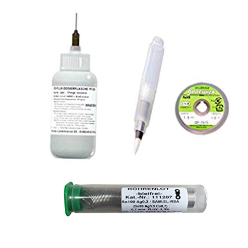 EO-SMD Profi-Set 001A+ (50 ml No-Clean Elektronik-Flussmittel 3,0% Feststoff, EO-Compact Flux-Pen (unbefüllt), Entlötlitze 1,5 mm x 1,5 m), 10 g Lötzinn von Emil Otto