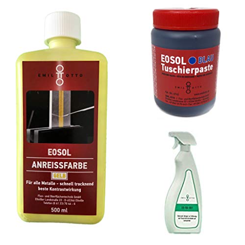 EOSOL Power-Package Nr. 6 (500 ml Anreissfarbe SIGNAL-GELB, 250 ml Tuschierpaste blau und 500 ml EO-RA-001 in Sprühflasche -Reiniger zur Entfernung von Anreissfarben und Tuschierpasten-) von Emil Otto