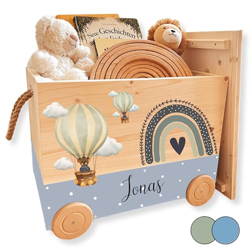 EmiliaLotte Personalisierte Spielzeugkiste mit Deckel aus Holz I Montessori Spielzeug Holzkiste mit Rollen zum Ziehen I Erinnerungskiste mit Wunschname - Fantasy Blau von EmiliaLotte.Atelier