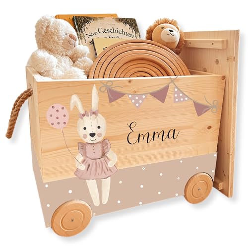 EmiliaLotte Personalisierte Spielzeugkiste mit Deckel aus Holz I Montessori Spielzeug Holzkiste mit Rollen zum Ziehen I Erinnerungskiste mit Wunschname - Hase von EmiliaLotte.Atelier