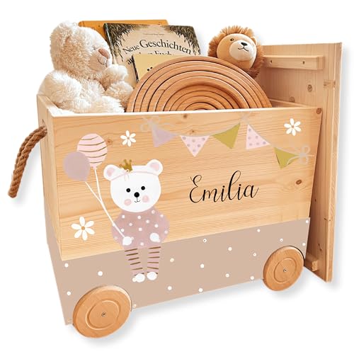EmiliaLotte Personalisierte Spielzeugkiste mit Deckel aus Holz I Montessori Spielzeug Holzkiste mit Rollen zum Ziehen I Erinnerungskiste mit Wunschname - Teddy Rosa von EmiliaLotte.Atelier