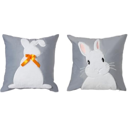 Emilie-Textil 2er-Set Kissenbezüge mit Hasenmotiv für Ostern - Kuscheliger Kurzflor mit Vorder- und Rückansicht des Hasen (Silber, 45X45) von Emilie-Textil