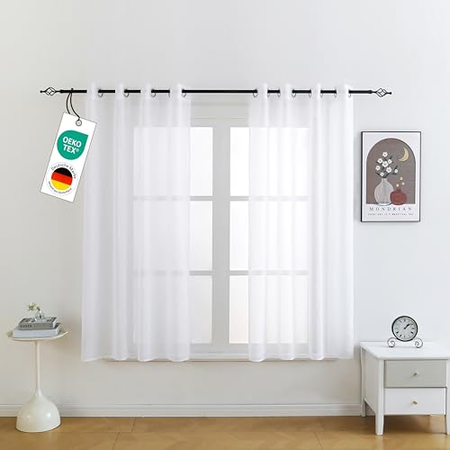 Emilie-Textil 2er Set Vorhänge mit Ösen, Oeko-TEX Zertifiziert, Transparente Gardinen aus Voile Polyester Ösenschal Transparent Wohnzimmer Luftig Dekoschal in leinen Optik Top Weiß von Emilie-Textil