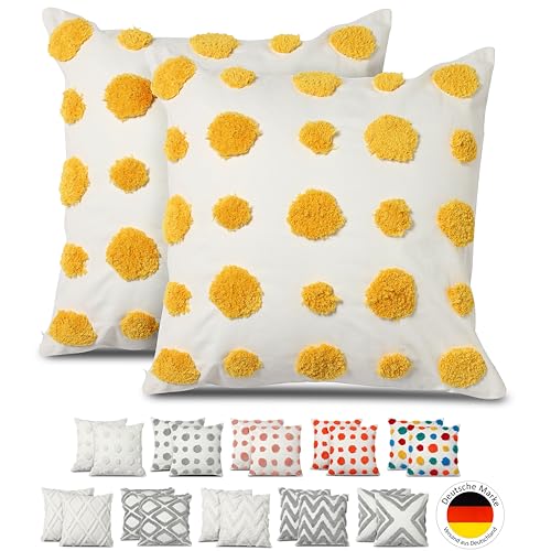 Emilie-Textil Boho Zierkissenbezug aus 100% Baumwolle, Deko Kissenbezug, Kissenhülle verschiedenen Mustern (Gelbe Punkte, 40X40) von Emilie-Textil