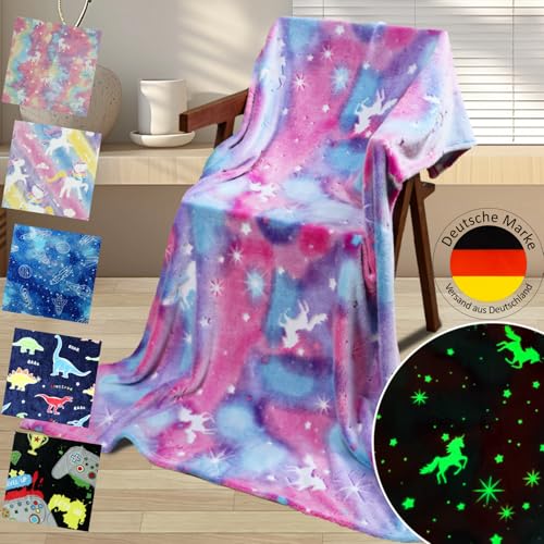 Emilie-Textil Flauschige Kinderdecke, Kuscheldecke mit leuchtenden Motiven wie Einhorn, Dino, Weltraum und Gaming - Weiche Fleecedecke für Mädchen und Jungen, (Lila Einhorn, 200X150) von Emilie-Textil