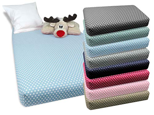 Baumwoll-Spannbetttuch für Kinder - kindgerechtes Design mit Sternen im Alloverdesign - erhältlich in 8 Farben kombiniert mit weißen Sternen & 3 verschiedenen Größen, 70 x 140-150 cm, hellblau von Emily´s Check