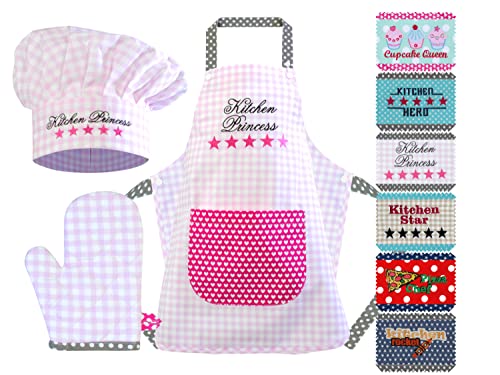 Emily´s Check Kochmütze + Küchenschürze + Topfhandschuh für Kinder - 3teiliges Set 1428.2002, Kitchen Princess, Medium [7-12 Jahre] von Emily´s Check