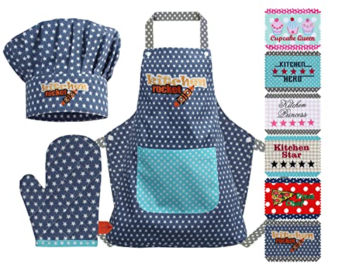 Emily´s Check Kochmütze + Küchenschürze + Topfhandschuh für Kinder - 3teiliges Set 1428.2002, Kitchen Rocket, Small [3-6 Jahre] von Emily´s Check