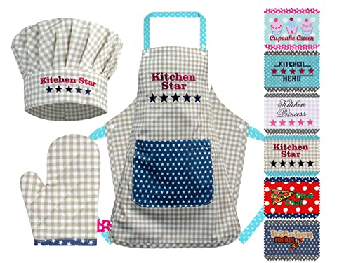 Emily´s Check Kochmütze + Küchenschürze + Topfhandschuh für Kinder - 3teiliges Set 1428.2002, Kitchen Star, Small [3-6 Jahre] von Emily´s Check
